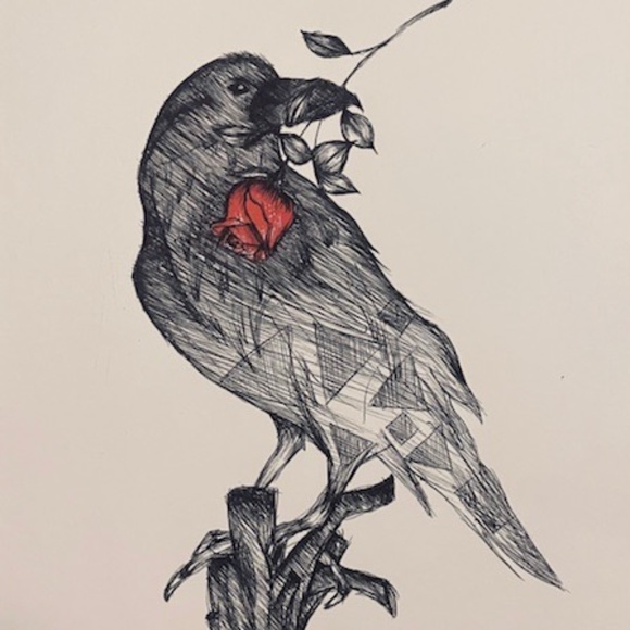 Raven with a Rose Drawing - Picture 1 of 3